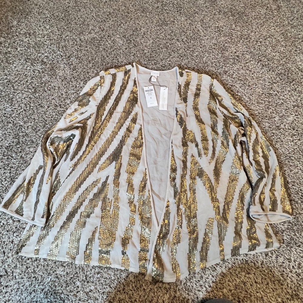 Chicos Zebra Jacket Embellished Artisan Gold Sequin Khaki Open Front Size 4 NEW